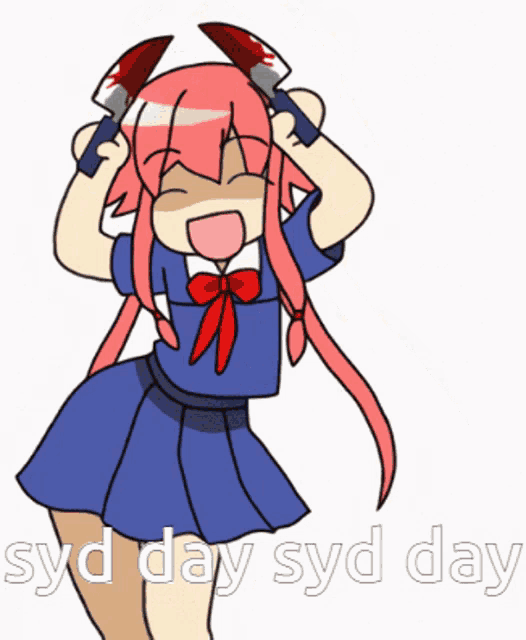 a cartoon of a girl holding two bloody knives with the words syd day syd day written below her