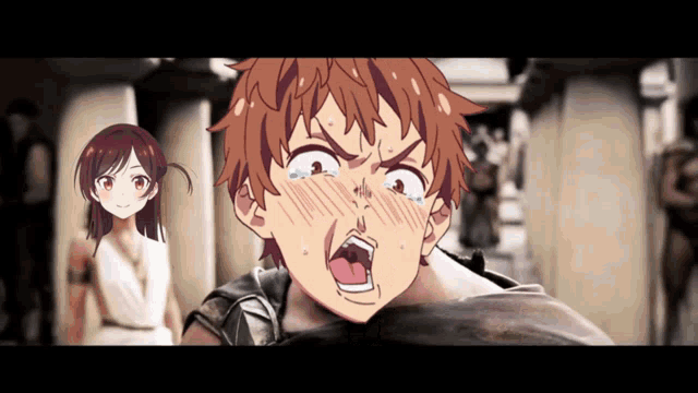 a girl in a white dress is standing next to a boy with a very angry face