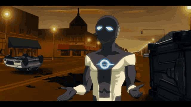 a cartoon character with a circle on his chest is standing on a street