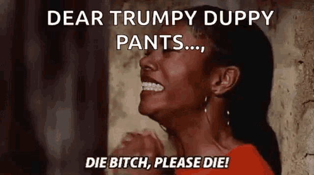 a woman is laughing and crying with the words `` dear trumpy duppy pants ... die bitch please die ! ''