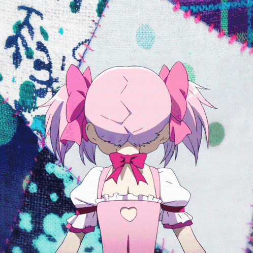 a girl with pink hair and a pink bow on her head