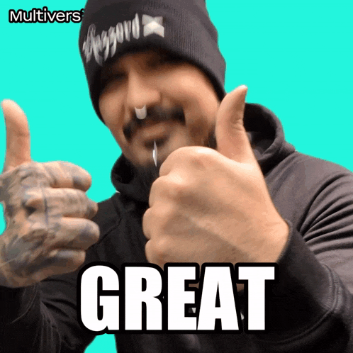 a man giving a thumbs up with the word great written below him