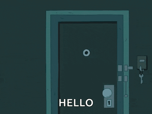 a cartoon character is standing in front of a door and says hello