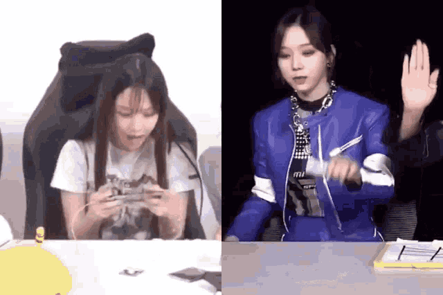 a woman is sitting at a table playing a video game while another woman is sitting in a chair .