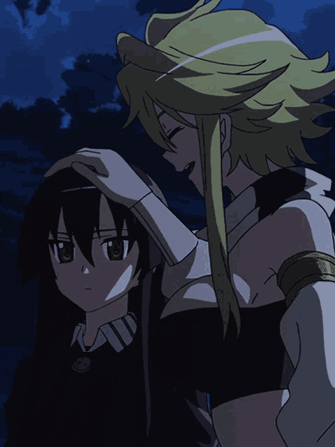 two anime characters are standing next to each other and one of them is touching the other 's head