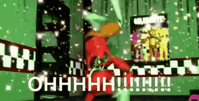 a cartoon character is standing in front of a green screen with the words `` ohhhhh '' written on it .