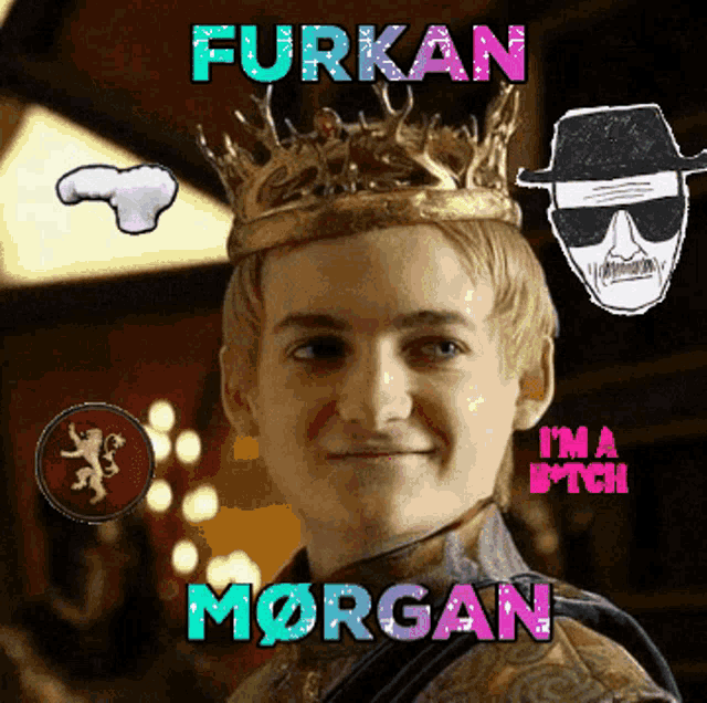 a young man with a crown on his head with the words furkan and morgan written above him