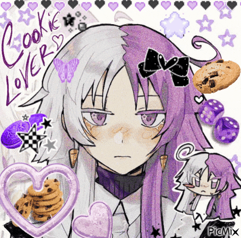 a drawing of a girl with purple hair and the words cookie lover on the bottom