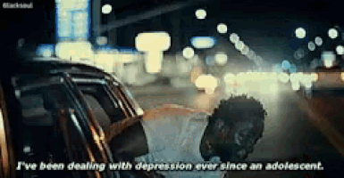 a man is sitting in a car with a quote that says i 've been dealing with depression ever since an adolescent .
