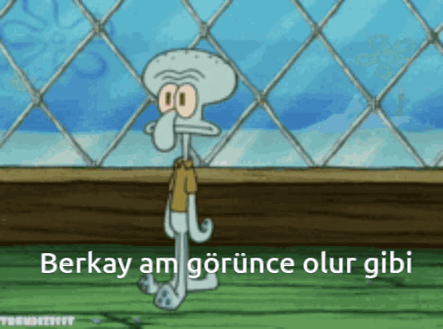squidward from spongebob squarepants is standing in front of a chain link fence with the words berkay am gorunca olur gibi