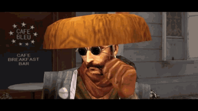 a man wearing a hat and sunglasses is standing in front of a cafe bleu sign