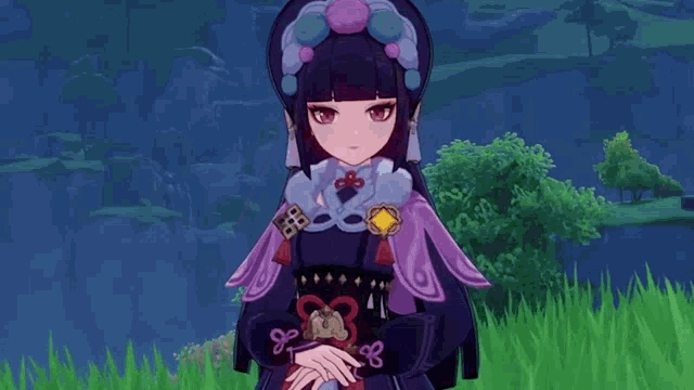 a cartoon girl is standing in the grass with her eyes closed .