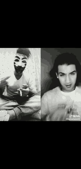 a man with a mask on his face is smoking a cigarette and a man with long hair is smoking a cigarette .