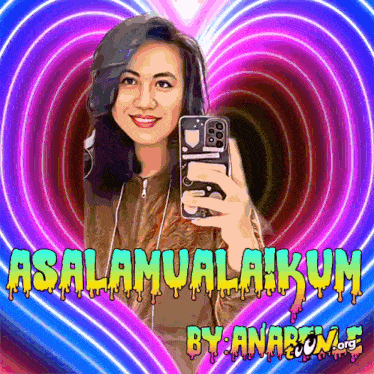 a cartoon of a woman taking a selfie with the words " assalamualaikum " on the bottom right