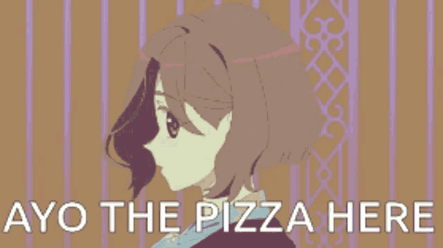 a cartoon drawing of a woman with the words ayo the pizza here below her