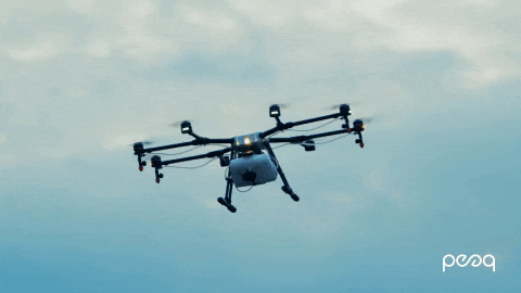 a drone is flying in a blue sky with the word peoq written on the bottom