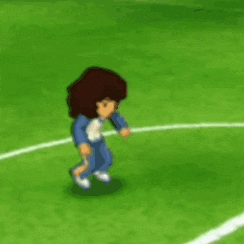 a cartoon character is jumping in the air on a soccer field