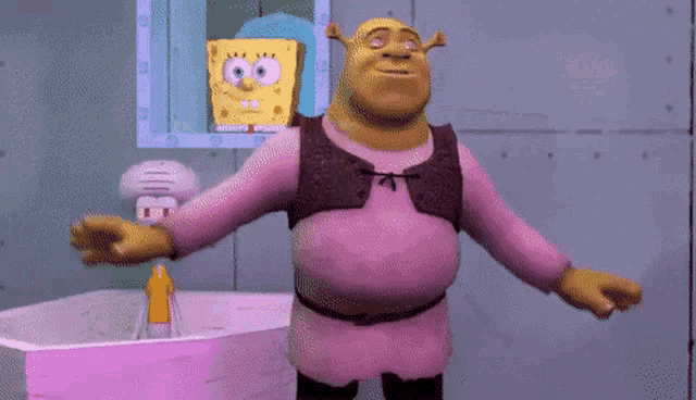shrek from spongebob squarepants standing in front of a mirror