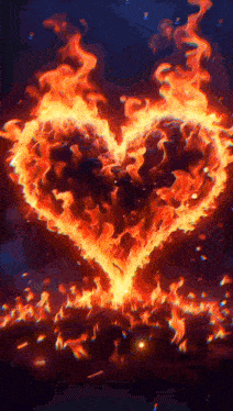 a heart made of flames on a dark blue background