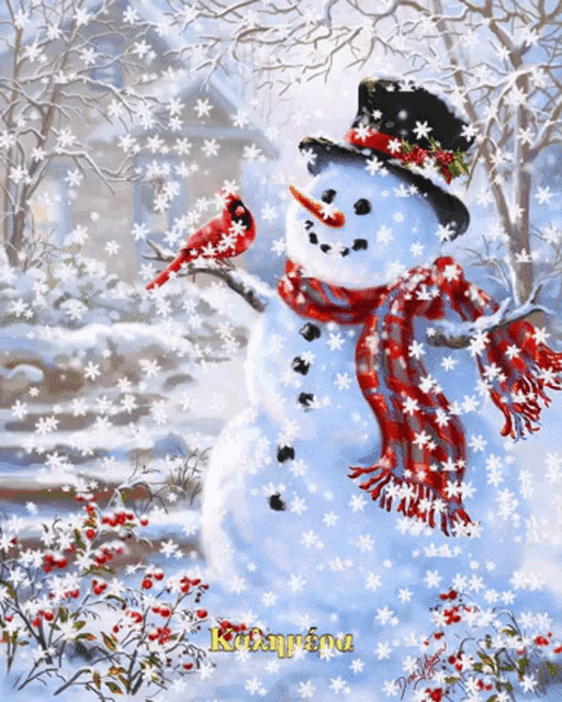 a painting of a snowman with a scarf around his neck and a cardinal perched on a branch