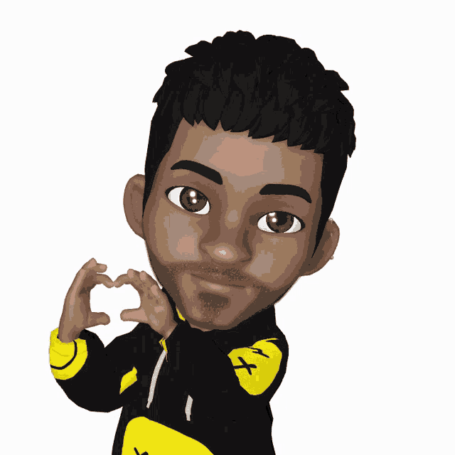 a cartoon character wearing a black and yellow jacket with a smiley face on it