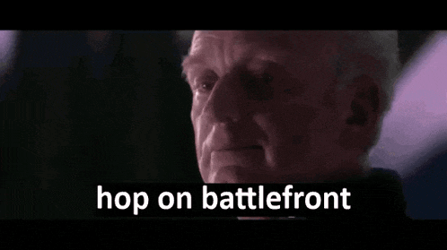 a close up of a man 's face with the words `` hop on battlefront '' written on the bottom .