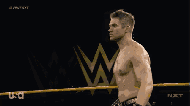 a man without a shirt is standing in front of a wrestling logo