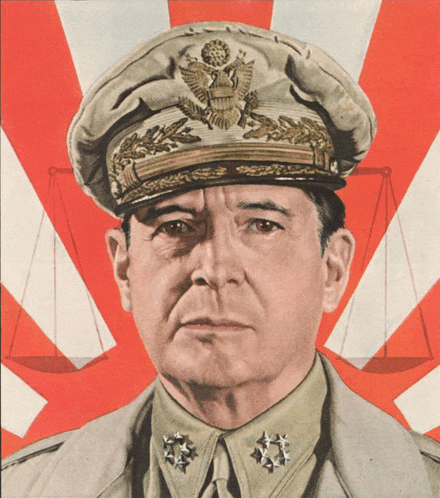 a man in a military uniform stands in front of a red and white background
