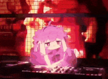 a purple anime girl is sitting at a table with a dj controller .