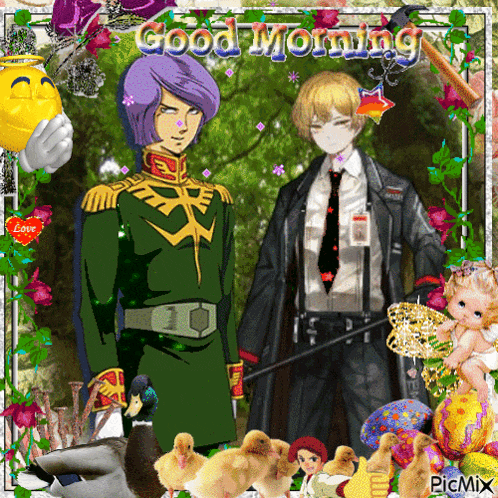 a picture of two anime characters with the words good morning written on it