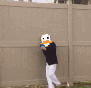 a man in a suit with a pixelated duck head is standing in the grass .