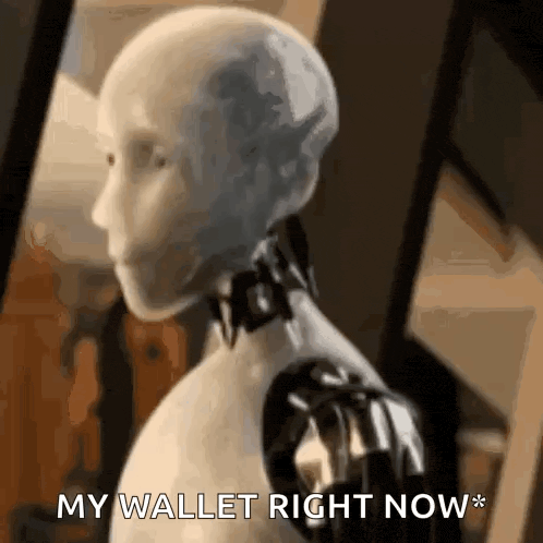 a robot is saying `` my wallet right now '' while standing in a room .
