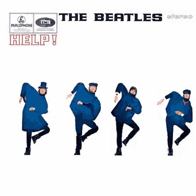a poster for the beatles ' help album shows four men in blue coats