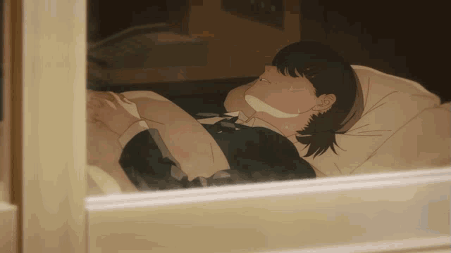 a drawing of a person laying in a bed with a bandage on their neck