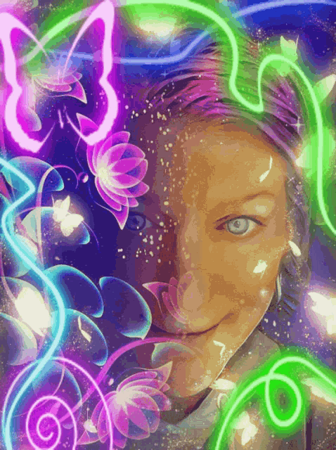 a painting of a woman with flowers and butterflies around her