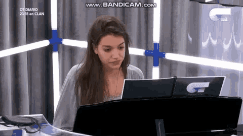a woman is sitting at a desk with a laptop on it .