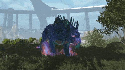 a purple monster is standing in a field with a bridge in the background