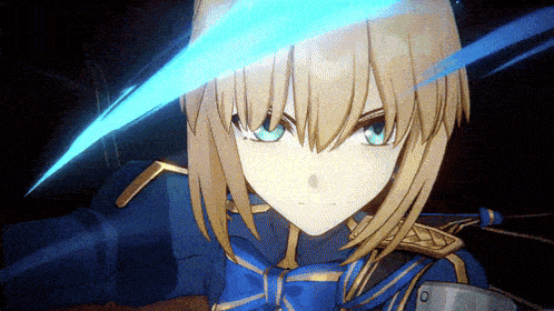 a close up of a cartoon character with a blue sword