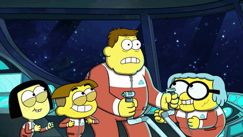 a group of cartoon characters are standing in a room and one of them is holding a magnifying glass