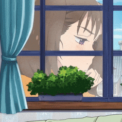 a girl is looking out of a window with a potted plant in front of her