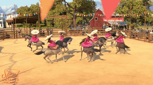 a group of people riding horses in a rodeo arena with a sign that says " unlimited "