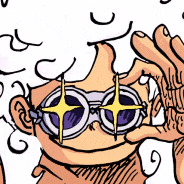 a cartoon drawing of a man wearing goggles with a yellow star in the middle