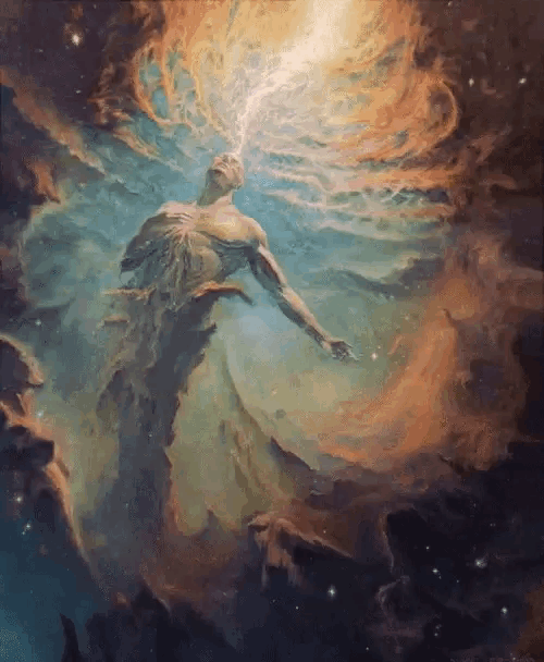 a painting of a man in the middle of a galaxy