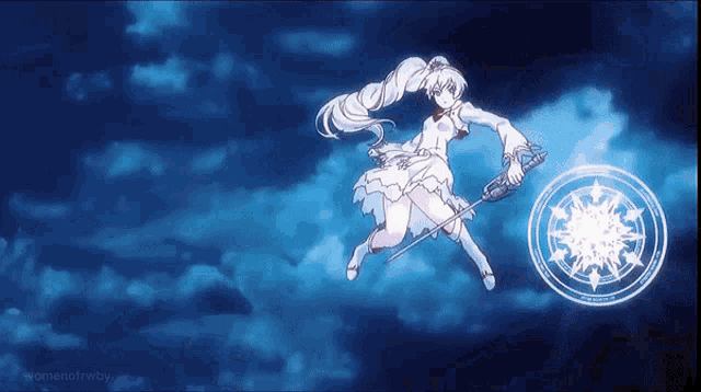 a woman in a white dress is flying through the air holding a sword in her hand