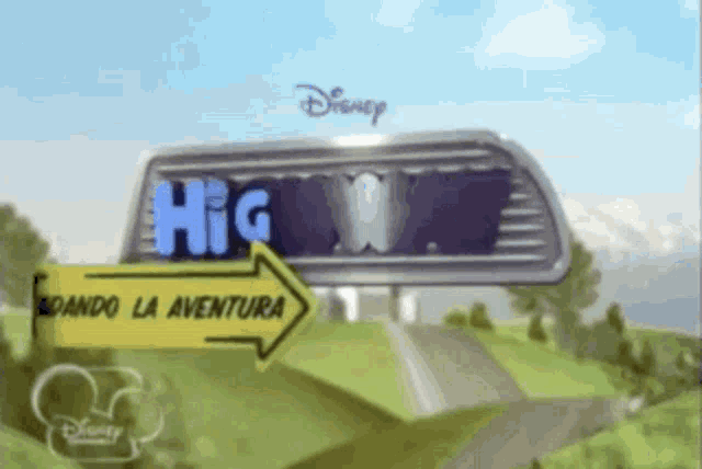 a disney highway sign with a yellow arrow pointing right