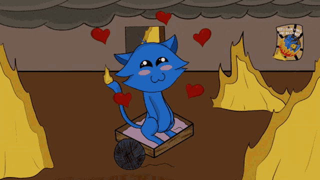 a cartoon drawing of a blue cat holding a heart in front of a sign that says hell hath no fury
