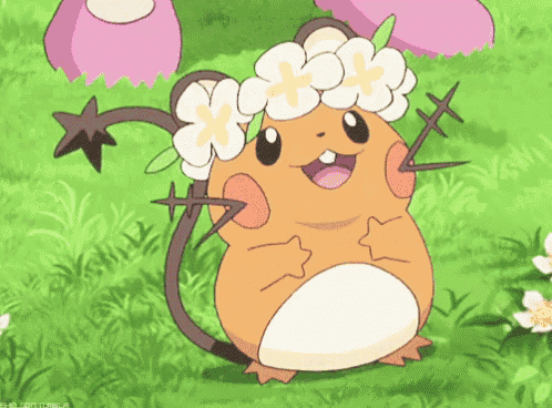 a cartoon character wearing a flower crown is sitting in the grass