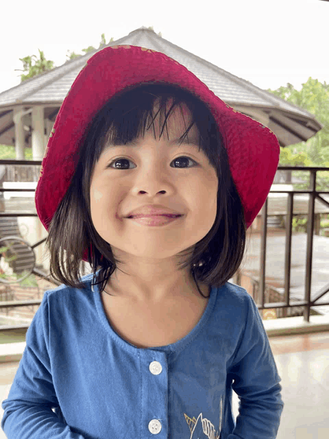 a little girl wearing a red hat and a blue shirt smiles