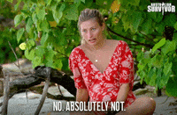 a woman in a red dress is sitting on a beach and says no absolutely not .