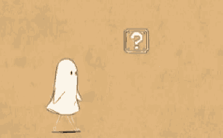 a cartoon of a ghost standing next to a box with a question mark on it